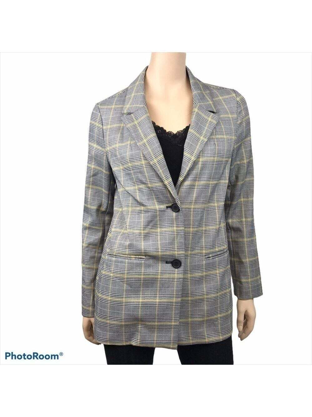 DEX Watson Black Yellow Plaid Striped Tweed Business Suit Jacket Blazer Size S